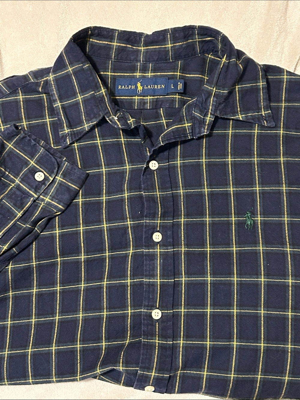 Polo Ralph Lauren Shirt Mens Large L Plaid Navy Blue Yellow Cotton Long Sleeve